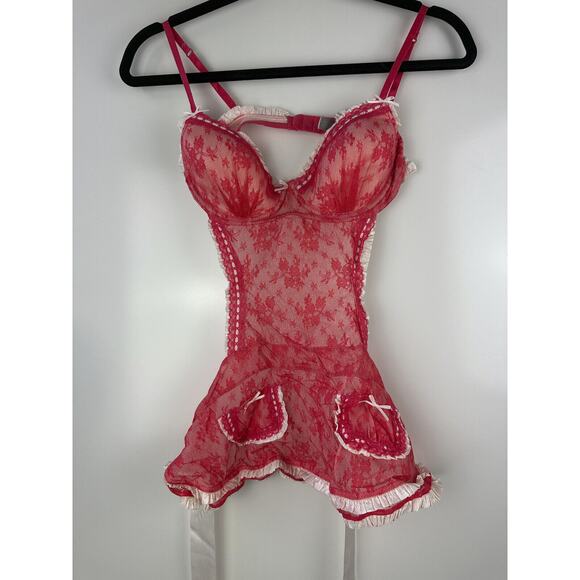 NWT Victoria’s Secret Maid Lingerie Teddy Red Mesh Lace Babydoll 34C Valentine - Picture 13 of 16